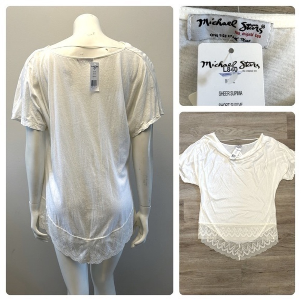 NWT MICHAEL STARS white short sleeve draped lace blouse top. 100% supima cotton